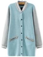 Romwe Blue Grey Stand Collar Pockets Knit Cardigan
