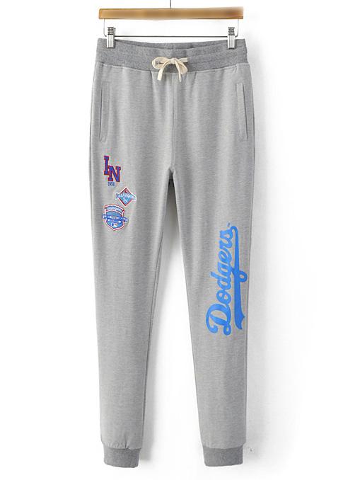 Romwe Grey Embroidery Printed Elastic Waist Sports Pants