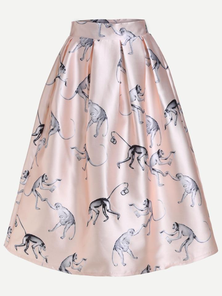 Romwe Pink Monkey Print Box Pleated Midi Skirt