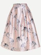Romwe Pink Monkey Print Box Pleated Midi Skirt