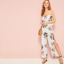Romwe Floral Print Bandeau & Split Thigh Pants