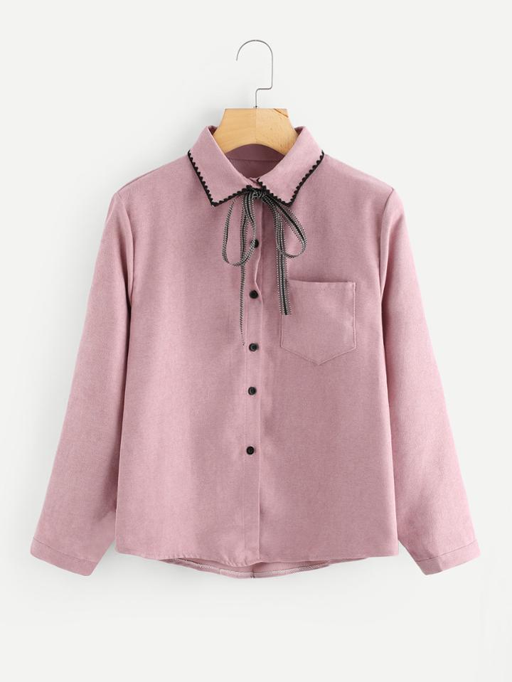 Romwe Crochet Trim Neck Chest Pocket Shirt