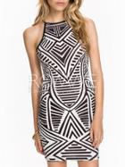 Romwe White Black Spaghetti Strap Geometric Print Bodycon Dress
