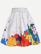 Romwe White Paint Splatter Print Box Pleated Skirt