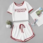 Romwe Contrast Trim Letter Print Tee With Shorts
