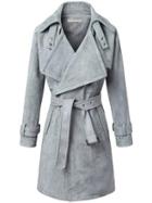 Romwe Waterfall Collar Wrap Belt Grey Coat
