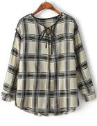 Romwe Khaki Tie-neck Vintage Plaid Loose Blouse