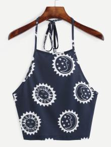 Romwe Print Halter Neck Backless Crop Cami Top