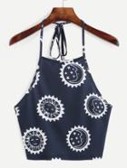 Romwe Print Halter Neck Backless Crop Cami Top