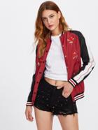Romwe Rose Embroidered Striped Trim Bomber Jacket