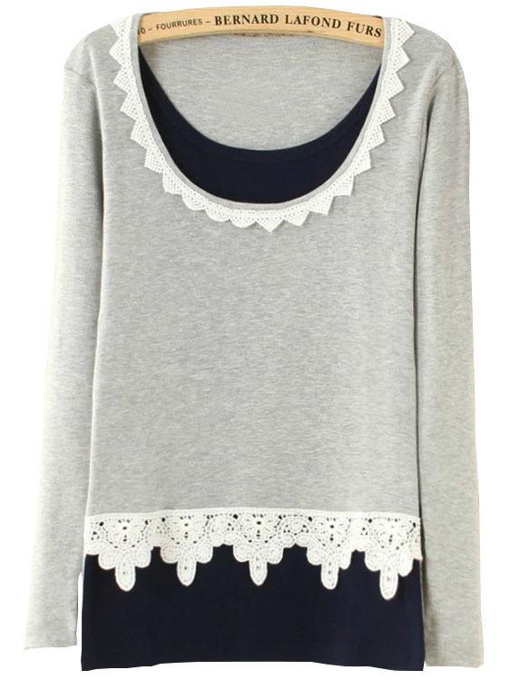 Romwe Contrast Lace Long Sleeve Grey T-shirt