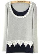 Romwe Contrast Lace Long Sleeve Grey T-shirt
