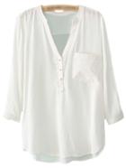 Romwe White V Neck Buttons Front Dip Hem Blouse