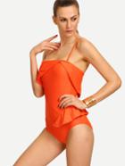 Romwe Folded Ruffled One-piece Swimwear - Orange