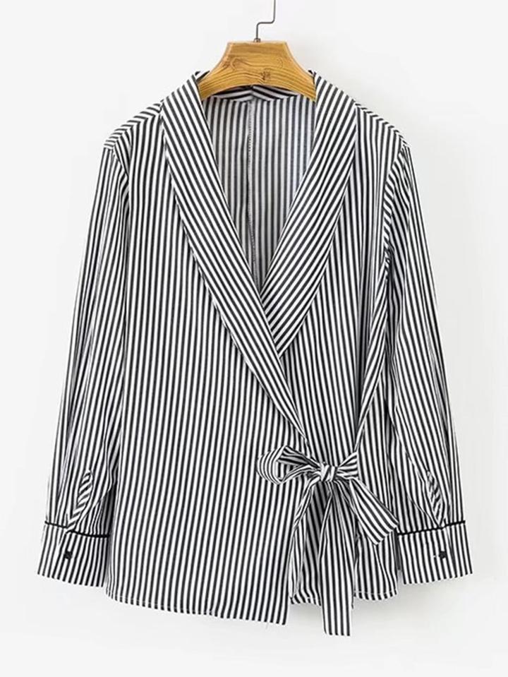 Romwe Self Tie Shawl Collar Striped Blouse