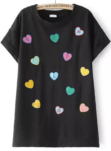 Romwe Heart Embroidered Black T-shirt