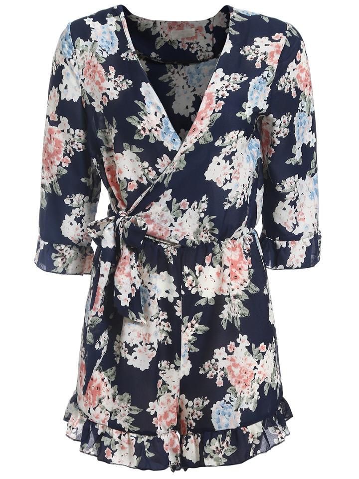 Romwe Deep V Neck Florals Peplum Hem Self-tie Romper