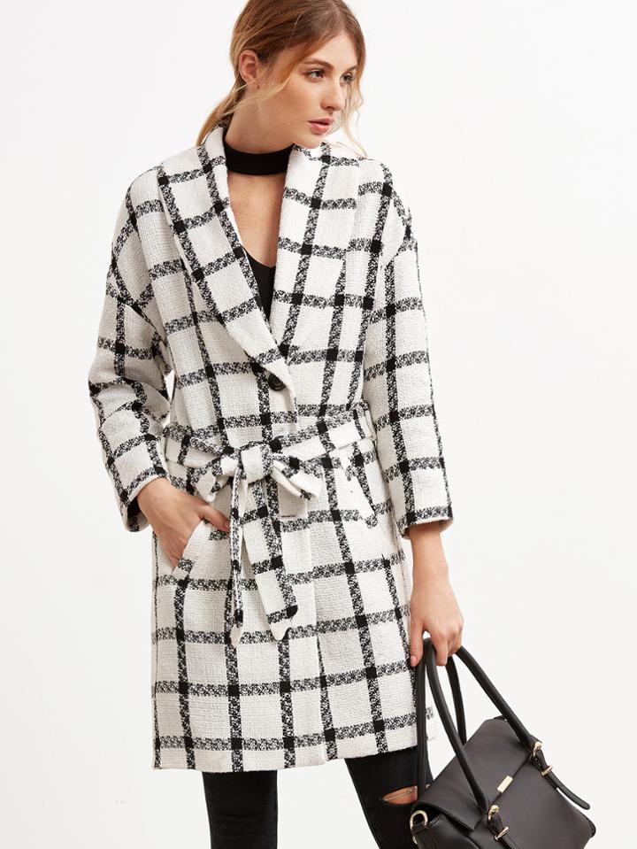 Romwe Shawl Collar Plaid Belt Coat