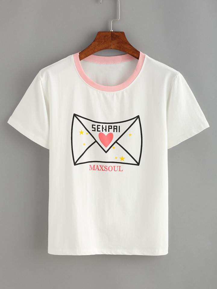 Romwe White Envelope Print T-shirt