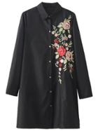 Romwe Black Floral Embroidery Long Blouse
