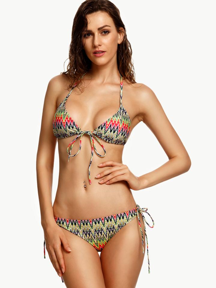 Romwe Multicolor Print Halter Bow Tie Bikini Set