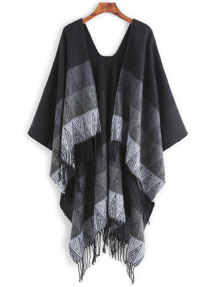 Romwe Black Ombre Stripe Fringe Edge Poncho Scarf