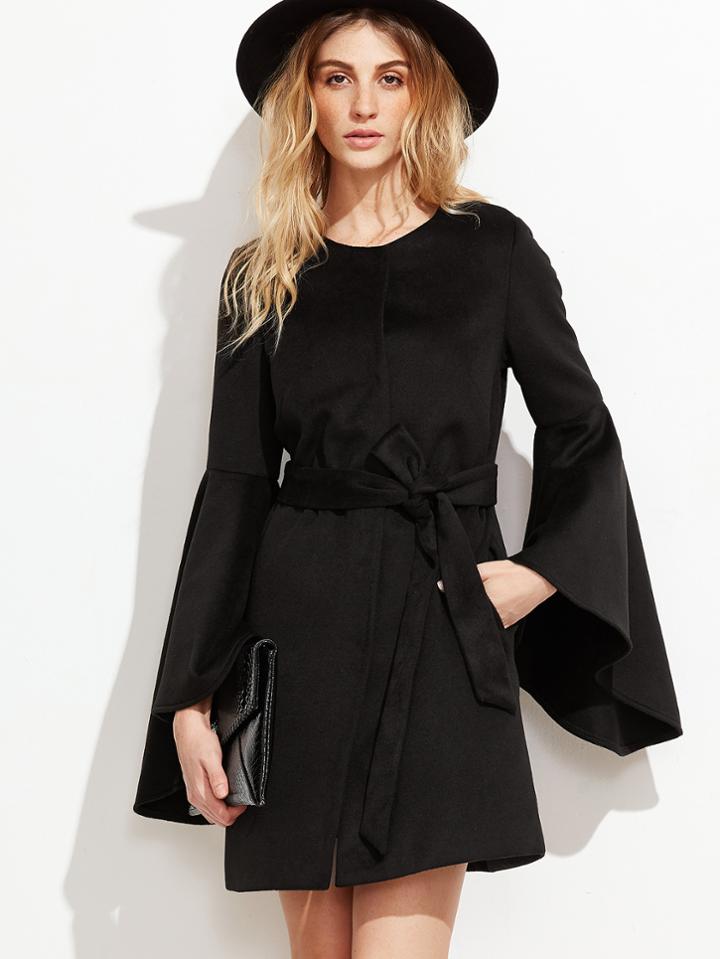 Romwe Black Belted Hidden Button Bell Sleeve Coat
