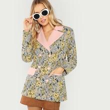 Romwe Allover Botanical Embroidered Double Breasted Blazer