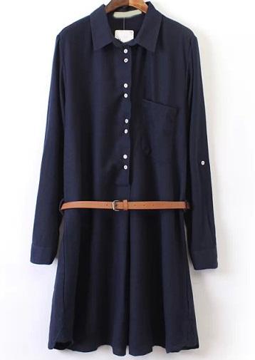 Romwe Navy Long Sleeve Buttons Split Dress