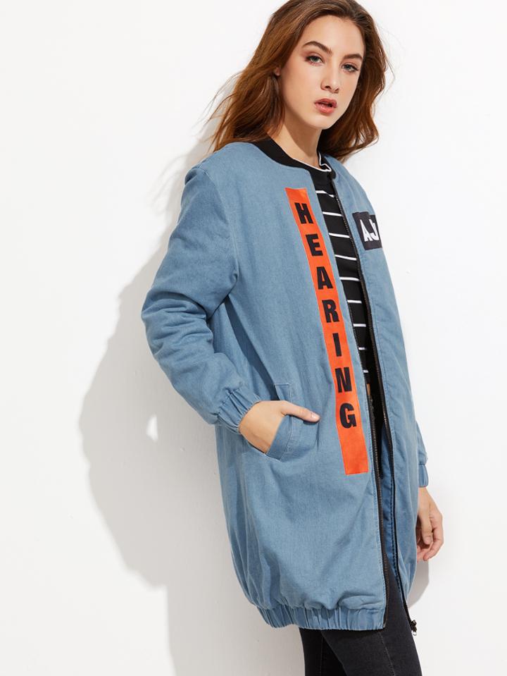 Romwe Blue Letter Print Zip Up Denim Bomber Coat