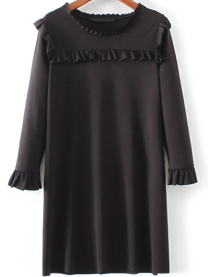 Romwe Black Ruffle Detail Long Sleeve Shift Dress