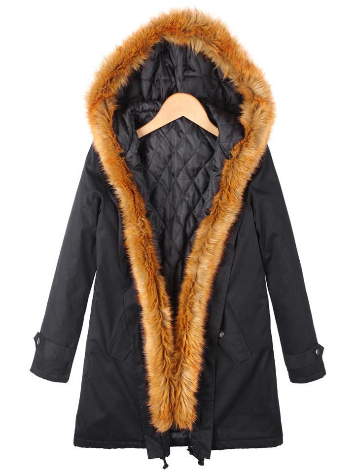 Romwe Hooded Zipper Pockets Loose Black Coat
