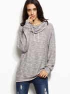 Romwe Grey Cowl Neck Drawstring Pocket Sweatshirt