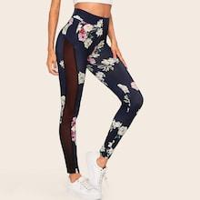 Romwe Floral Print Mesh Panel Side Leggings
