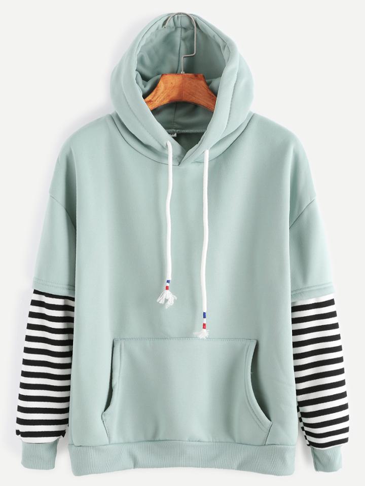 Romwe Pale Green Sleeve Striped Drawstring Hooded Sweatshirt With Pocket