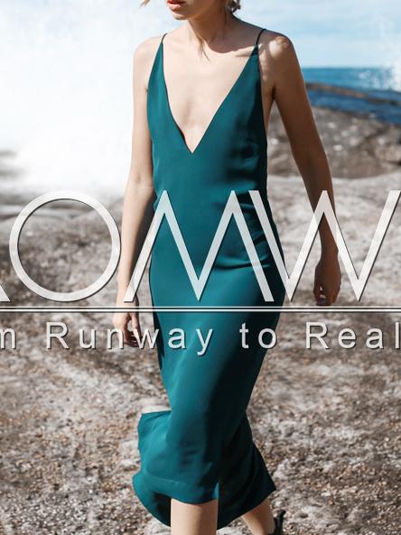 Romwe Blue Spaghetti Strap Deep V Neck Backless Midi Dress