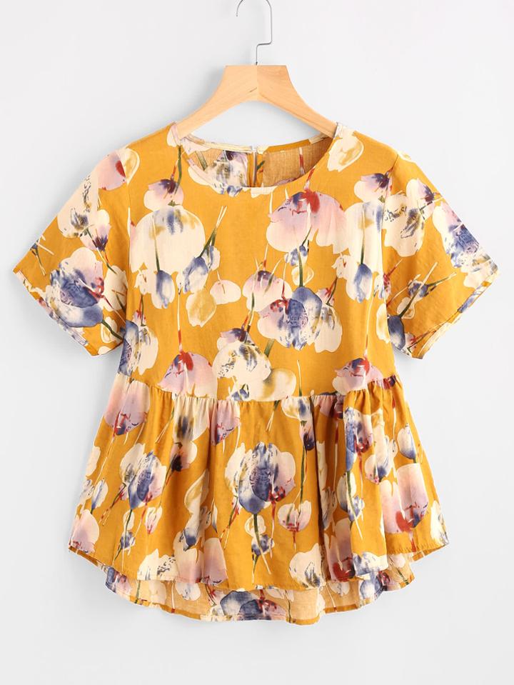 Romwe Flower Print Keyhole Back Dip Hem Smock Blouse