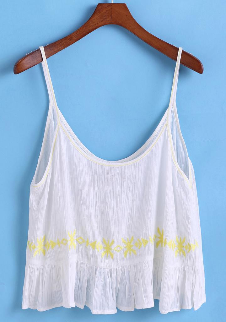 Romwe Spaghetti Strap Embroidered Peplum Hem Cami Top
