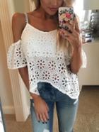Romwe White Cold Shoulder Eyelet Embroidered Blouse