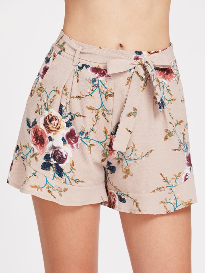 Romwe Calico Print Self Tie Shorts