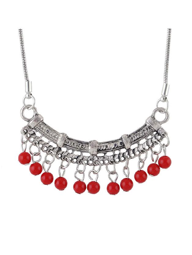 Romwe Red Beads Geometric Pendant Necklace