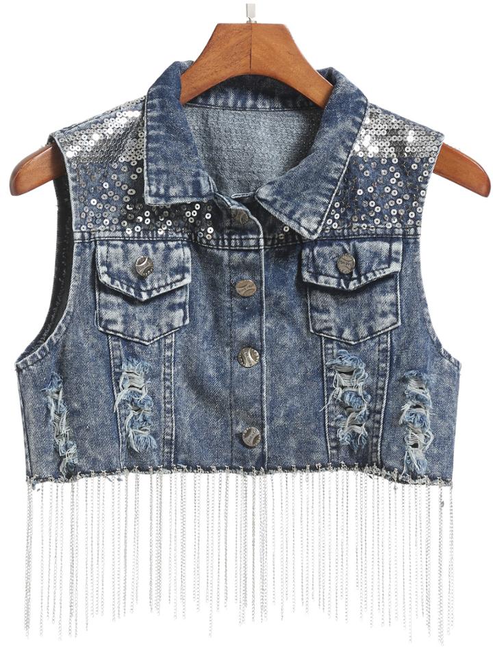 Romwe Lapel Sequined Tassel Ripped Denim Vest
