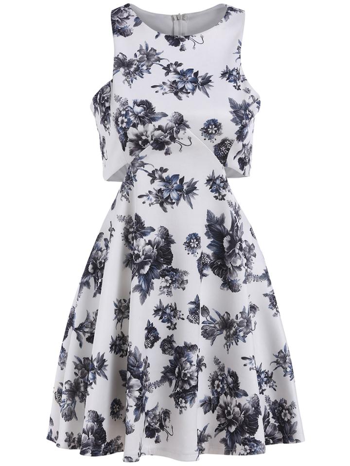 Romwe Cut Out Flower Print Flare Dress