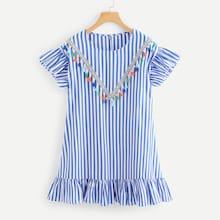 Romwe Embroidered Tape Detail Tassel Trim Ruffle Dress