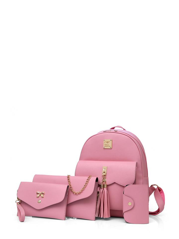 Romwe Tassel Detail Pu Backpack Set 4pcs
