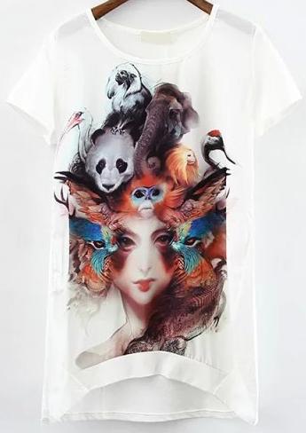 Romwe Dip Hem Panda Print White T-shirt