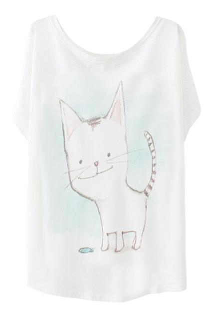 Romwe Romwe Cat Playing With Fish Print Batwing White T-shirt