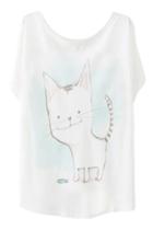 Romwe Romwe Cat Playing With Fish Print Batwing White T-shirt