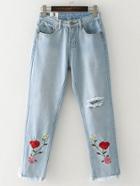 Romwe Ripped Detail Flower Embroidered Jeans