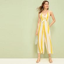 Romwe Knot Front Wide Leg Stripe Cami Jumpsuit